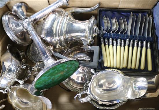 A silver sauceboat and a quantity of plated items.